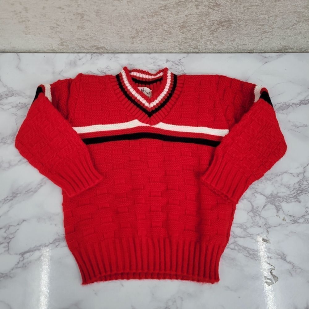 Newport Toddler Boys Red Basket Weave Sweater V-neck 70s
